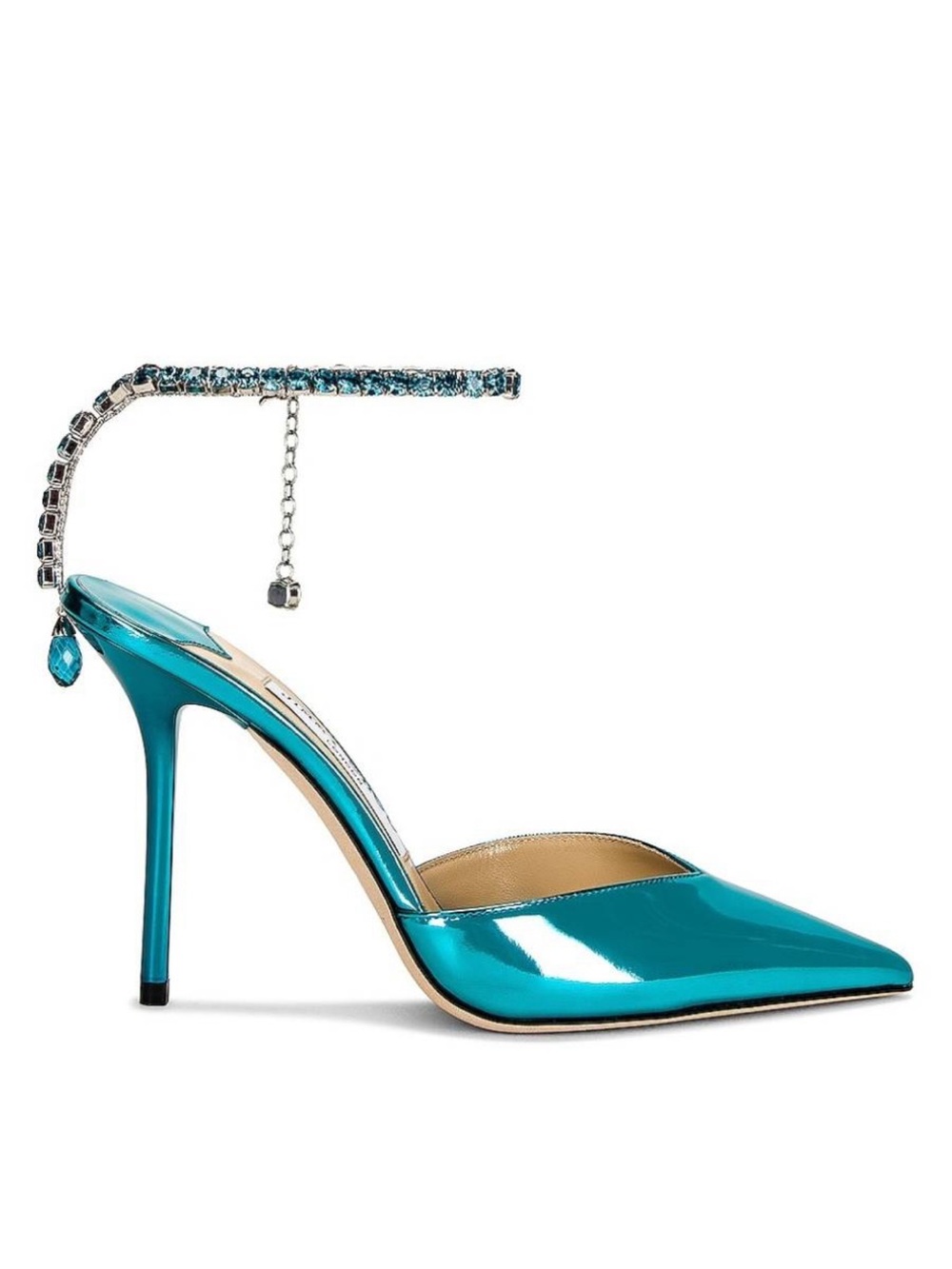 Jimmy Choo Saeda 100 Metallic Teal Pointed Toe Heels with Crystal Anklet - Picture 6 of 16